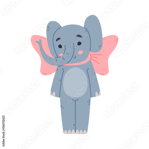 Funny Blue Elephant with Large Ear Flaps and Trunk Wearing Pink Bow Vector Illustration