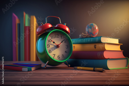 Ready for school concept background with books alarm clock. Illustrator AI Generative