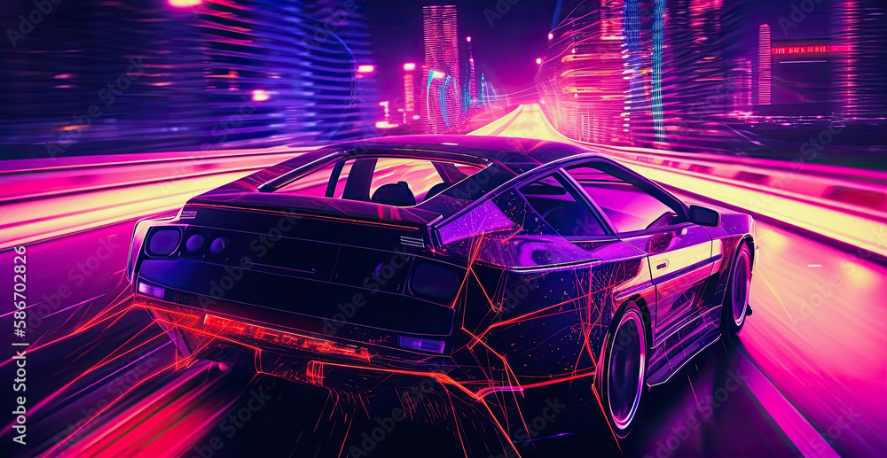 generative ai illustration of a purple colored fantasy car driving fast on a road in a neon colored city generative ai illustration of a purple colored fantasy car driving fast on a road in a neon colored city