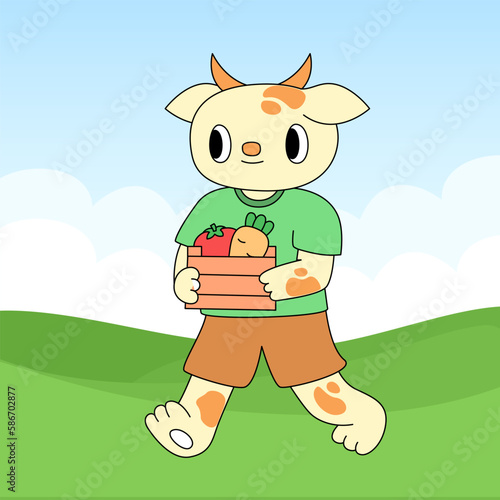 Cartoon farm cow character wearing clothes