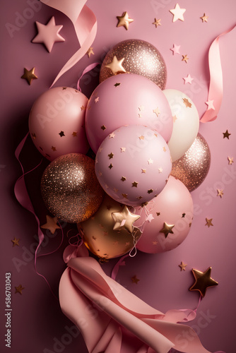 Party balloon pink background with little golden stars. Illustrator AI Genera...