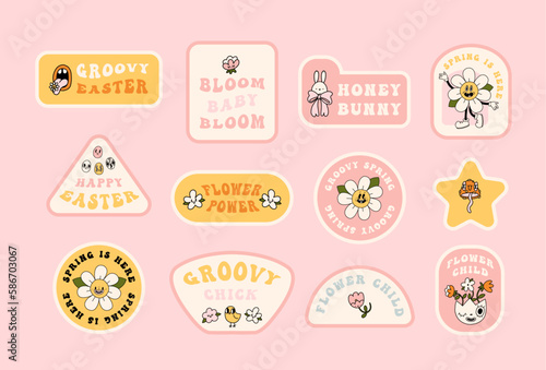 Groovy y2k retro summer and spring season party stickers set. Happy easter sticker design collection. Isolated on pink background. Vector illustration