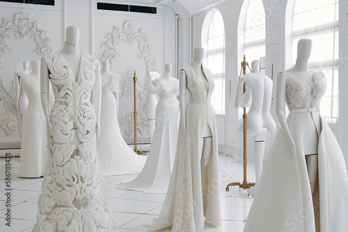 Generative AI Illustration of the interior of a high fashion atelier with mannequins with elegant and luxurious clothes put on them