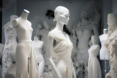 Generative AI Illustration of the interior of a high fashion atelier with mannequins with elegant and luxurious clothes put on them