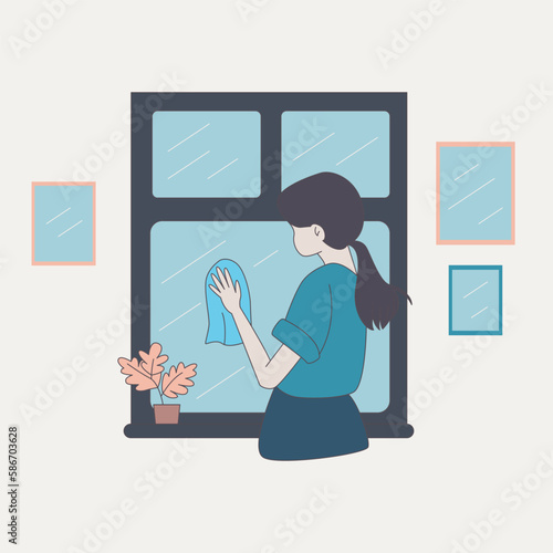 Vector illustration of a girl cleaning a window