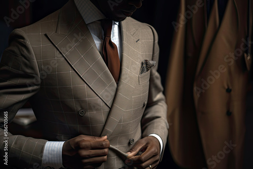 AI Generative Illustration of an unrecognizable gentleman buttoning up his elegant suit