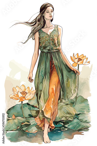 Beautiful fashion sketch wearing a long dress long flowing hair, and flowers in the background.