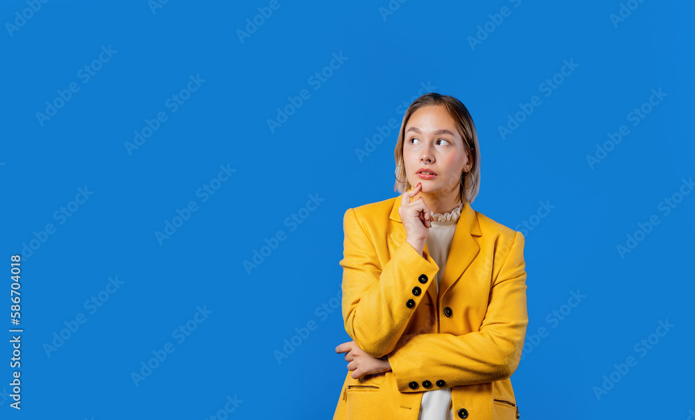 Thinking woman on blue background. Smart student finding answer, memory banner Thinking woman on blue background. Smart student finding answer, memory banner