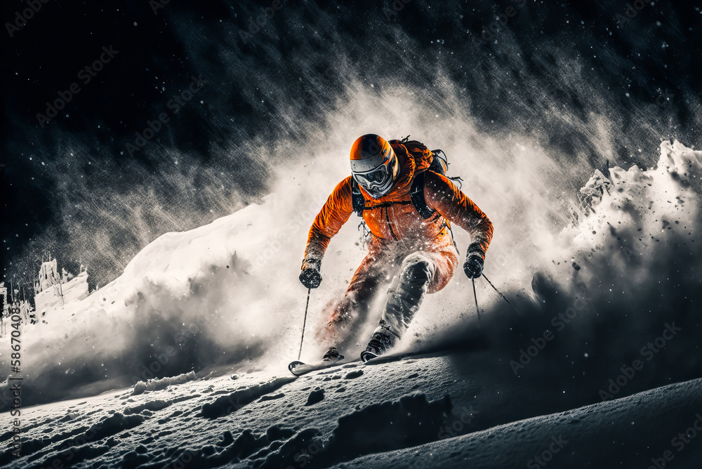 Black and white with touches of bright orange for the skier, this dramatic photo evokes the adventure and excitement of winter sports. Generative AI