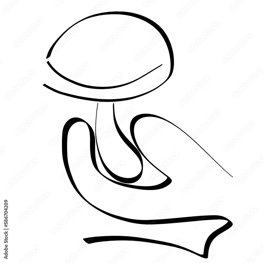 hand in a glove holds a freshly picked mushroom, abstract black outline hand in a glove holds a freshly picked mushroom, abstract black outline
