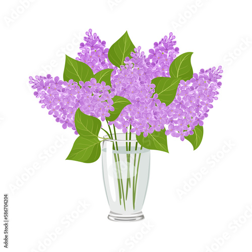 Lilac flowers in transparent glass vase isolated on white background. Vector cartoon illustration of spring bouquet.