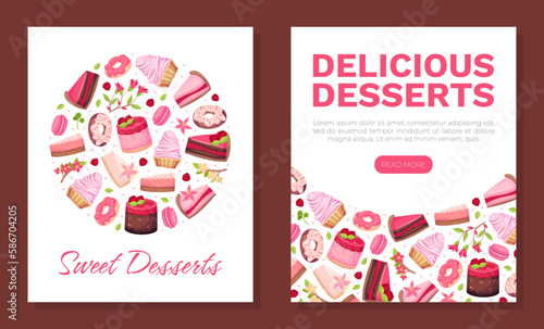 Sweet Raspberry Dessert Banner Design with Creamy Cake and Donut Vector Template