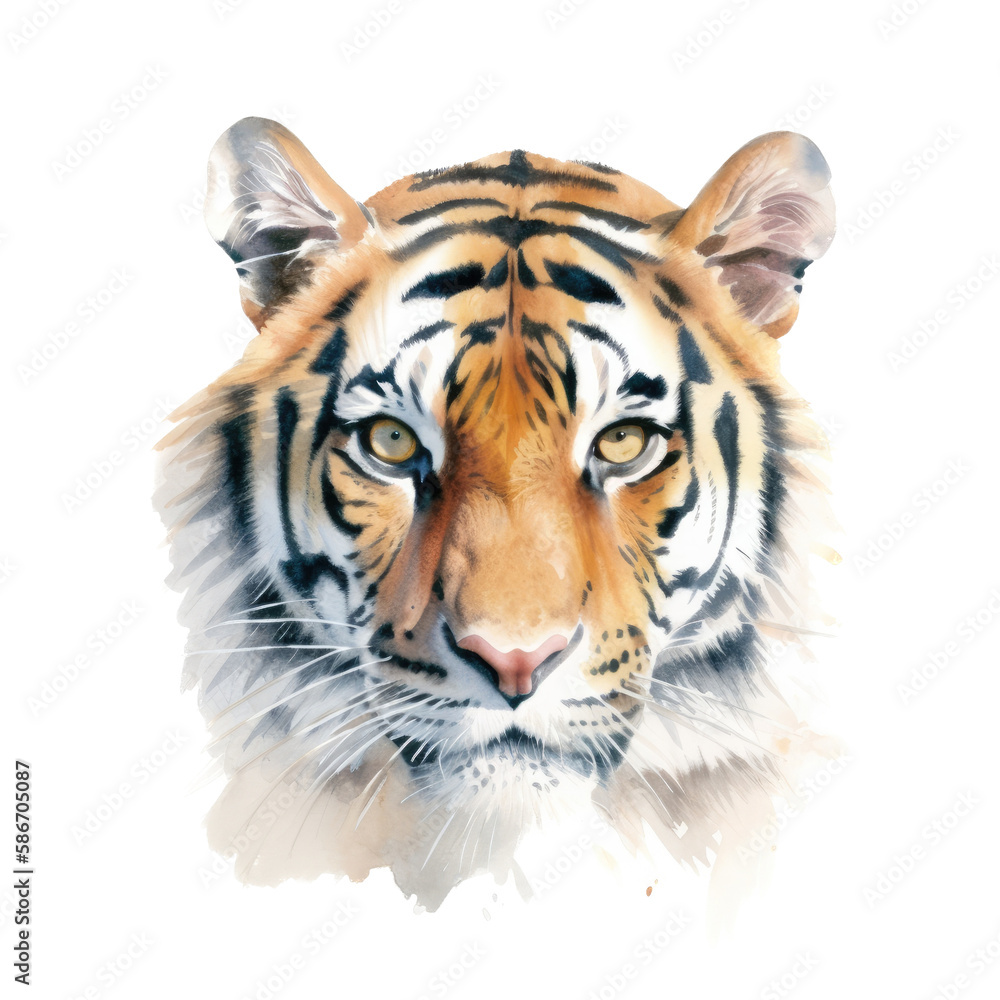 Obraz premium an isolated Bengal tiger portrait, face, stalking prey, fierce jungle-themed watercolor illustration on a transparent background in PNG. Generative AI