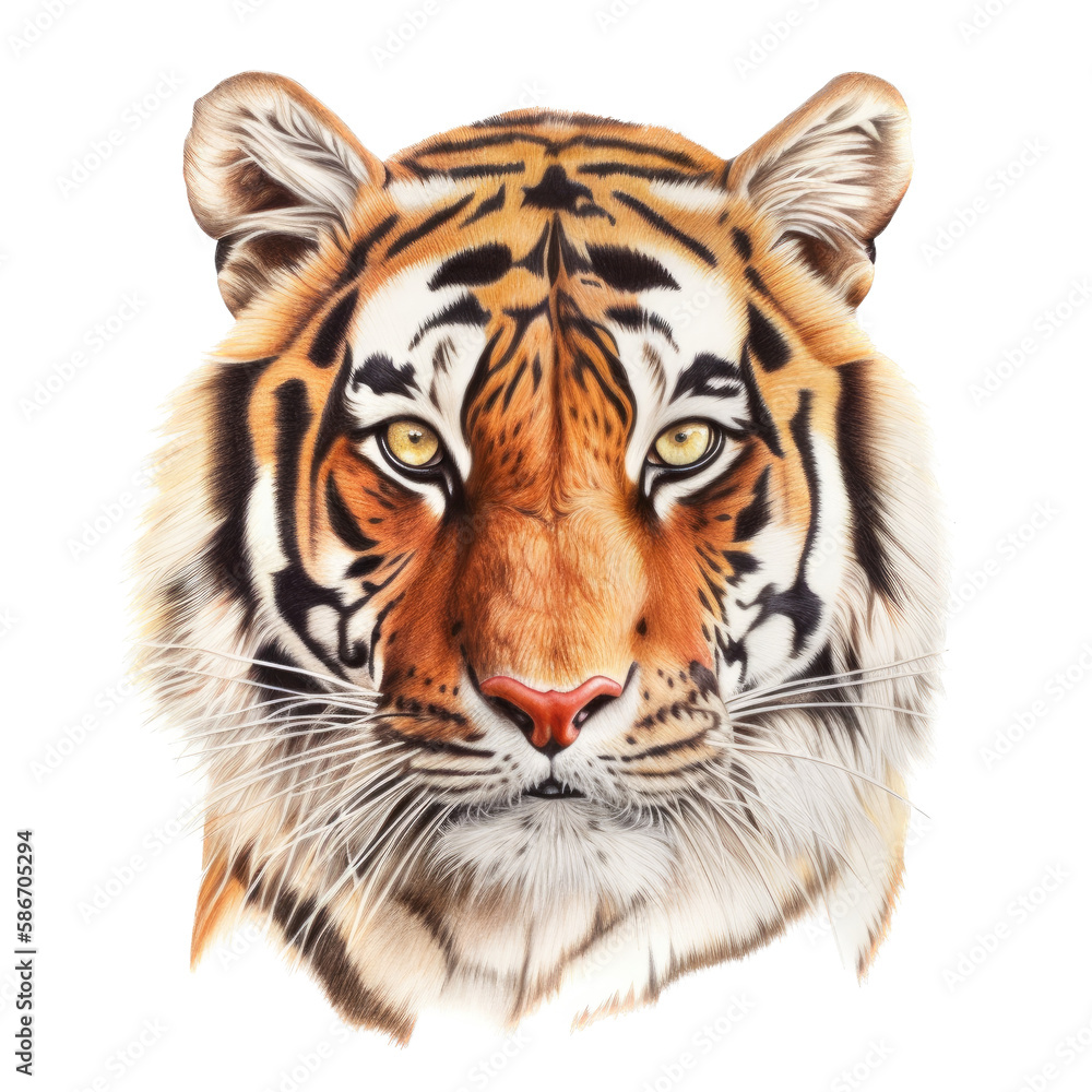 Fototapeta premium an isolated Bengal tiger face portrait, face, stalking prey, fierce jungle-themed watercolor painting illustration on a transparent background in PNG. Generative AI