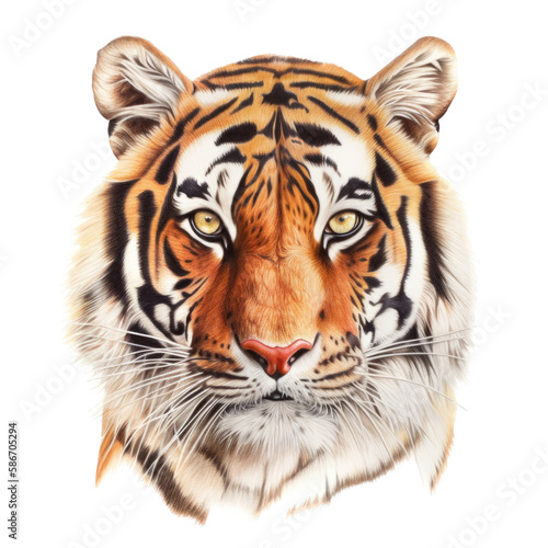 an isolated Bengal tiger face portrait  face  stalking prey  fierce jungle-themed watercolor painting illustration on a transparent background in PNG. Generative AI