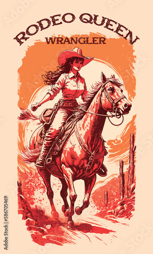 Beautiful drawing of a cowgirl in a posture of power and confidence. Artwork design, illustration for T-shirt printing, poster, badge wild west style, American western. photo
