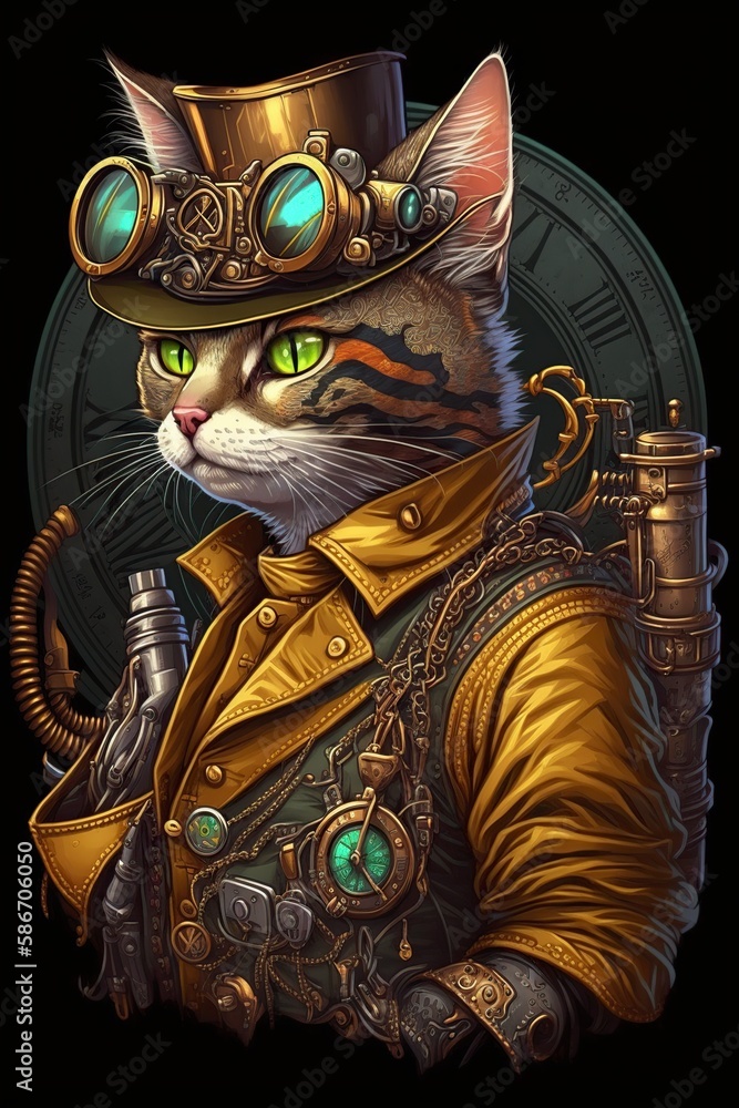 Fototapeta cartoon illustration, cat in steampunk style, ai generative