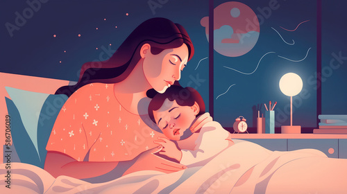The mother's warm embrace is comforting the child as they sleep through the night. Generative AI
