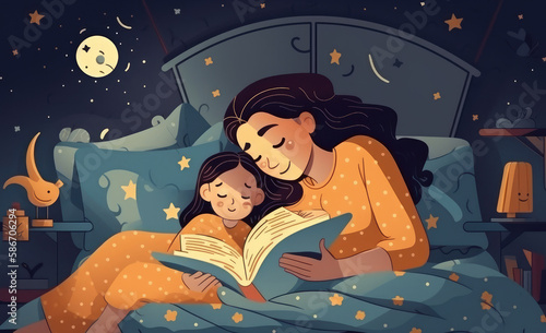A mother shares a special moment with her child, creating a loving bond through the magic of storytelling. Generative AI photo