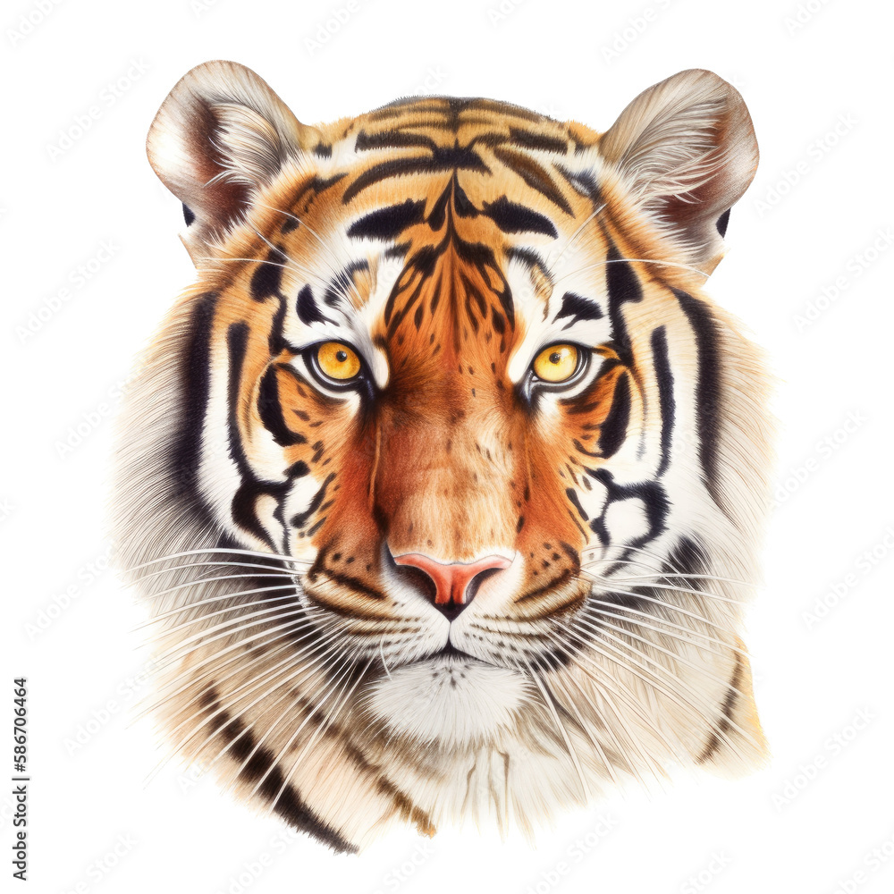 Naklejka premium an isolated Bengal tiger face portrait, face, stalking prey, fierce jungle-themed watercolor painting illustration on a transparent background in PNG. Generative AI