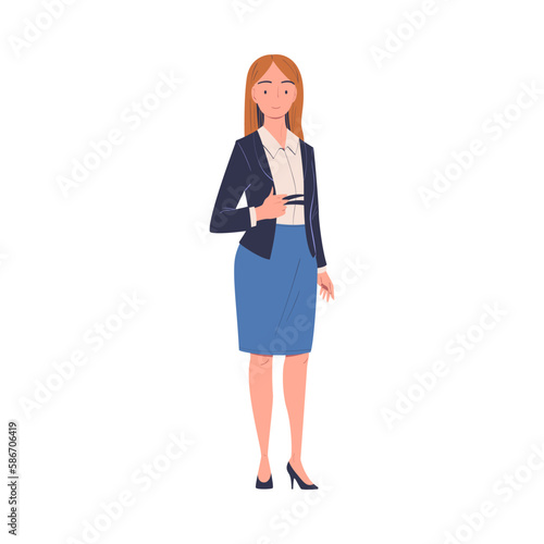Woman Entrepreneur and Office Employee Standing in Blue Skirt and Smiling Vector Illustration