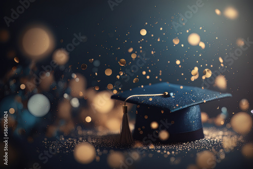 graduation celebration background blur bokeh dark blue. Illustrator AI Generative photo