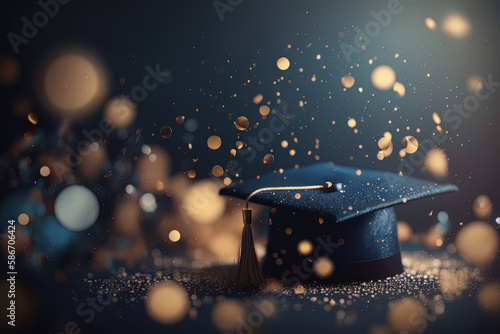 graduation celebration background blur bokeh dark blue. Illustrator AI Genera...