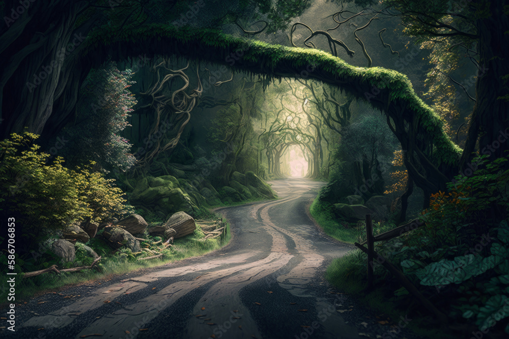 Road in magic forest. Illustrator AI Generative
