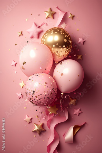 Party balloon pink background with little golden stars. Illustrator AI Genera...