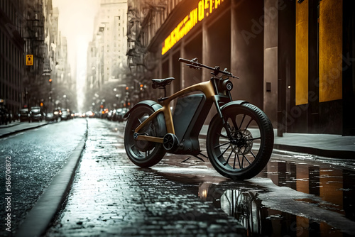 Electric bike on city streets after rain, Generative AI