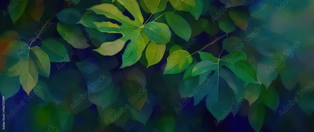 Fototapeta premium Watercolor illustration of tropical plants in the form of a patern texture. Generative AI.