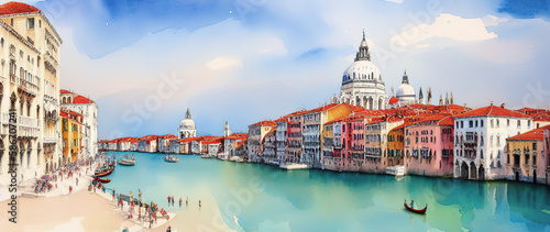 Watercolor postcard Venice, view of grand canal and basilica, Gondolas and San Giorgio Maggiore island, Generative AI.