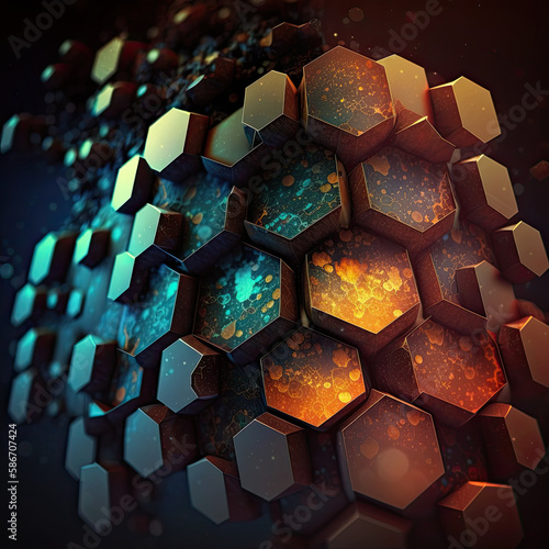 Illustration of ia of a 3d fractal or pentagon design in gold colored glass with lights.