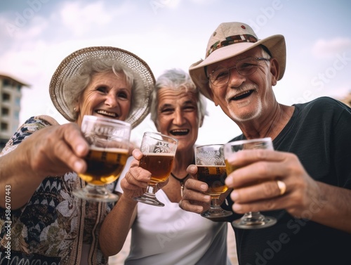 Three retirees toasting with beer, enjoying vacation on the beach.