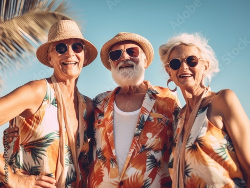 Three retirees in beachwear smile and enjoy the vacation.