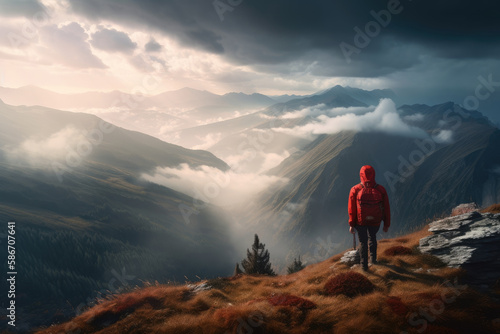 Silhouette of a tourist with a backpack in a red jacket, standing on top of a mountain and observing the beauty of the natural landscape. View of the mountains, forest and clouds. Generative AI.