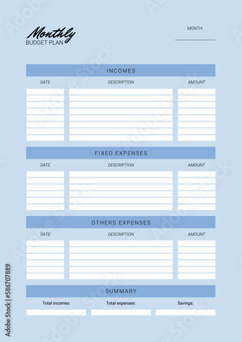 Vector template of a financial universal planner in soft blue tones