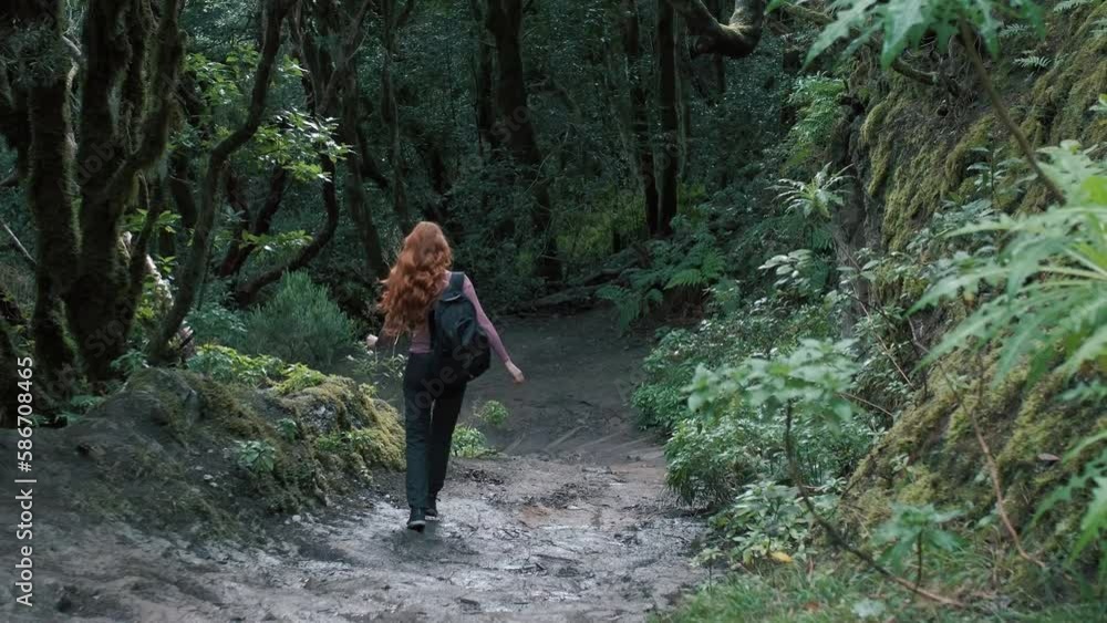 Woman is walking in an enchanted forest. Redhead girl with a long hair. Woman is walking in an enchanted forest. Redhead girl with a long hair.