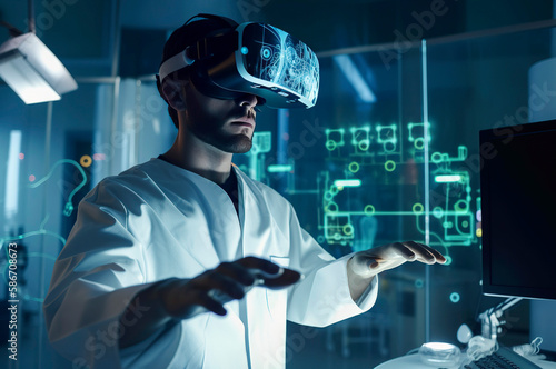 Generative AI illustration of scientist in a futuristic lab using virtual reality to cure disea photo