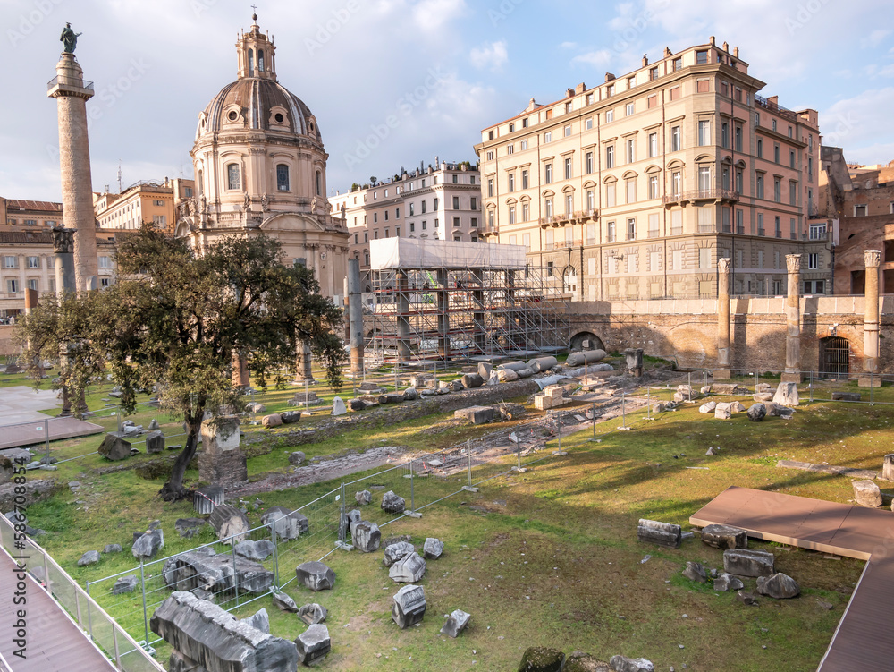 Imperial Forums in Rome. Roman ruins and antique architecture in Old Rome, Italy