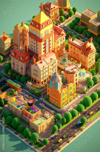 Generative AI illustration from Pixar Isometric View Children's Toys Single - An exclusive residential complex with luxurious amenities and stunning views of the city