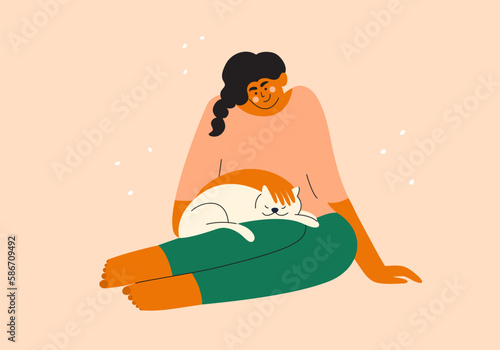 Pet love vector illustration. Young woman petting white cat. Sleeping kitty laying on owner legs. Smiling girl sitting holding domestic animal. Feline dream, cat shelter, pets care, happy furry friend