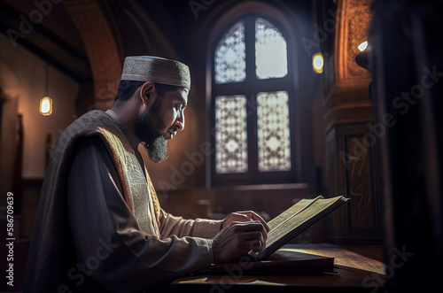 Generative AI illustration of a Muslim man reading the Quran in the mosque with light coming through a window with a feeling of spiritual peace.