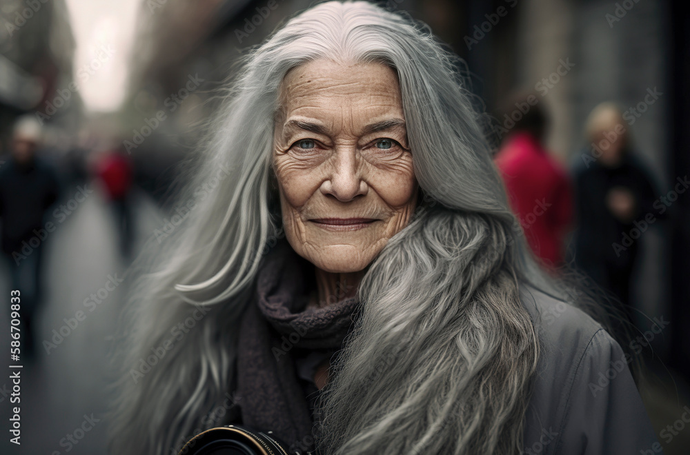 Generative AI illustration of beautiful 60 year old woman with gray hair on the streets of New York. Generative AI illustration of beautiful 60 year old woman with gray hair on the streets of New York.
