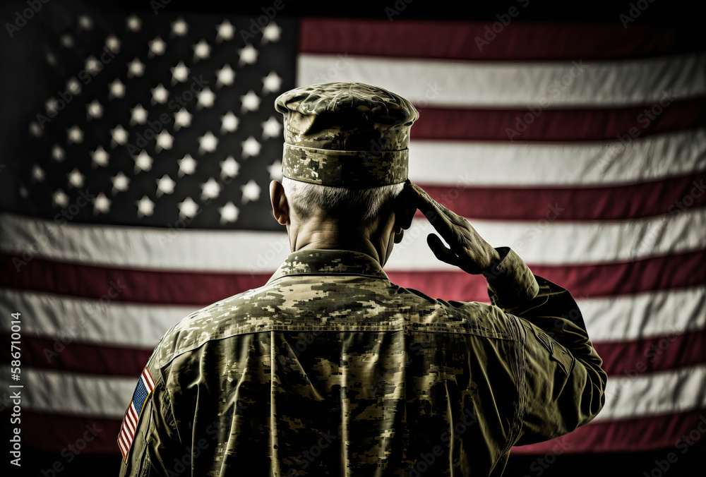 Fototapeta premium A military veteran salutes the American flag, while the national anthem plays in the background. Powerful colors convey a sense of duty and honor. Generative AI