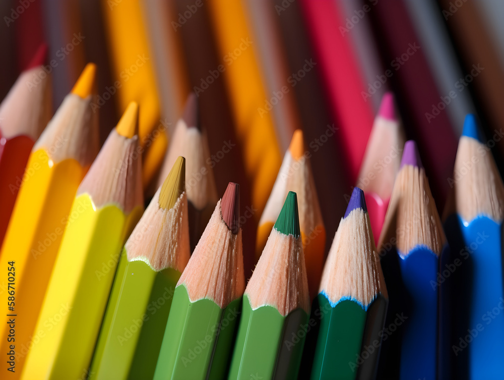 Closeup shot of sharpened colored pencils in different colors lined up on table. Generative ai Closeup shot of sharpened colored pencils in different colors lined up on table. Generative ai