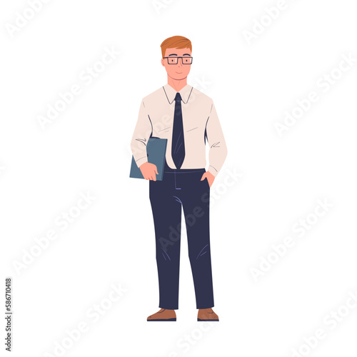 Man Entrepreneur and Office Employee in Glasses Standing with Laptop and Smiling Vector Illustration