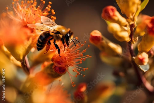 Bee and flower. Close up of a large striped bee collects honey on a flower on a Sunny bright day. Macro horizontal sunset view. Summer and spring backgrounds. Beekeeping concept. Generative Ai.
