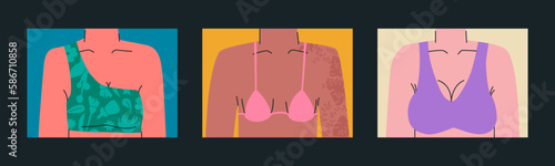 Female bust in a bra. Part of the female body in underwear. Set of trend illustrations.