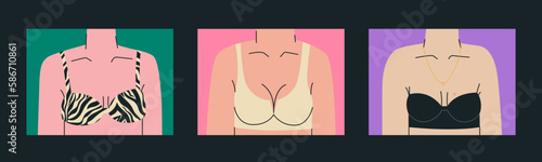 Female bust in a bra. Part of the female body in underwear. Set of trend illustrations.
